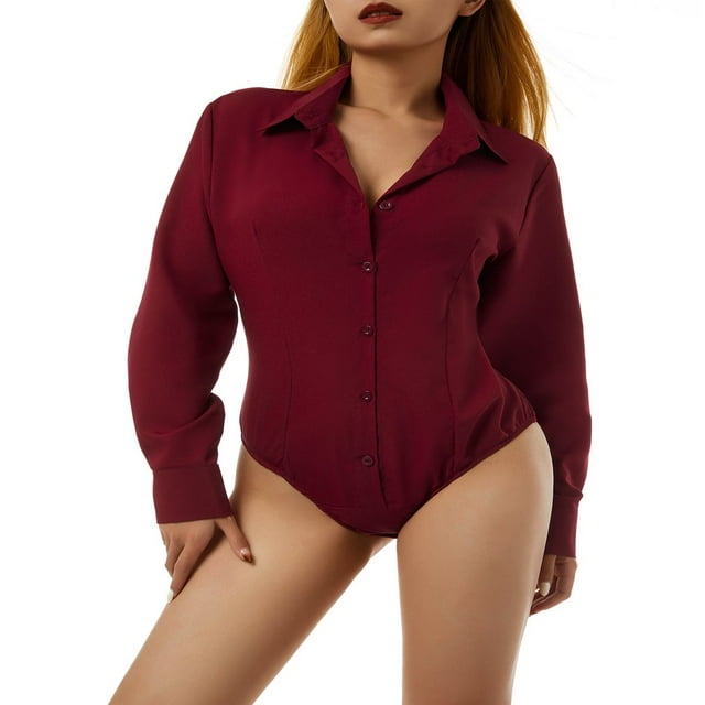 Women Solid Color Button Shirts Romper Ladies Formal Shirt Long Sleeve Turn-down Collar Bodysuit