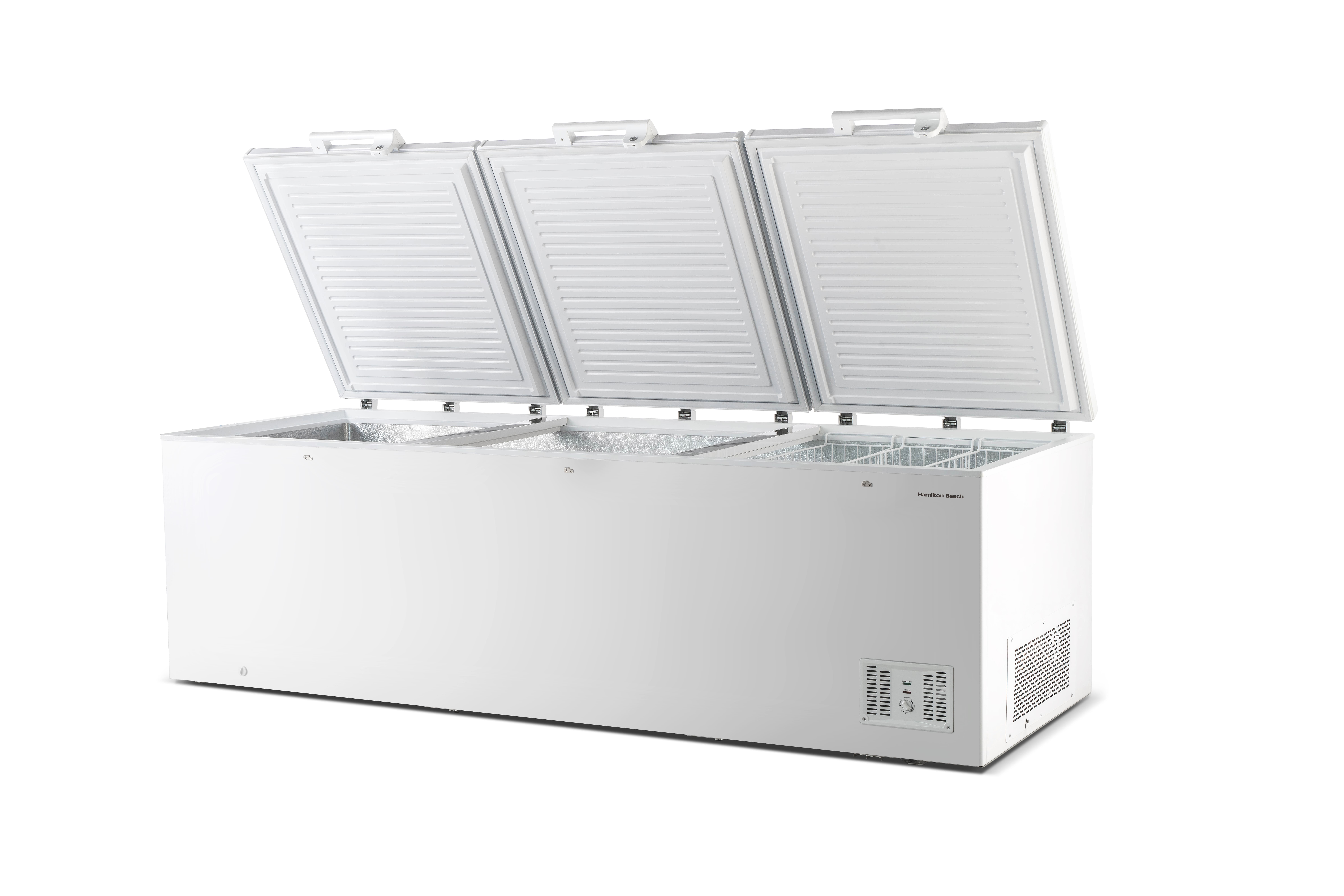 Hamilton Beach 43 Cu. ft. Triple-Door Garage-Ready Chest Freezer, 1,220 Liter Commercial Deep Freezer with Adjustable Thermostat, Lock & Key, White