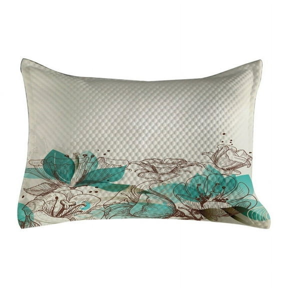 Turquoise Quilted Pillowcover, Retro Floral Background Hibiscus Silhouettes Dramatic Romantic Nature Art, Standard King Size Accent Pillow Cover for Bedroom, 36" x 20", Beige Teal, by Ambesonne