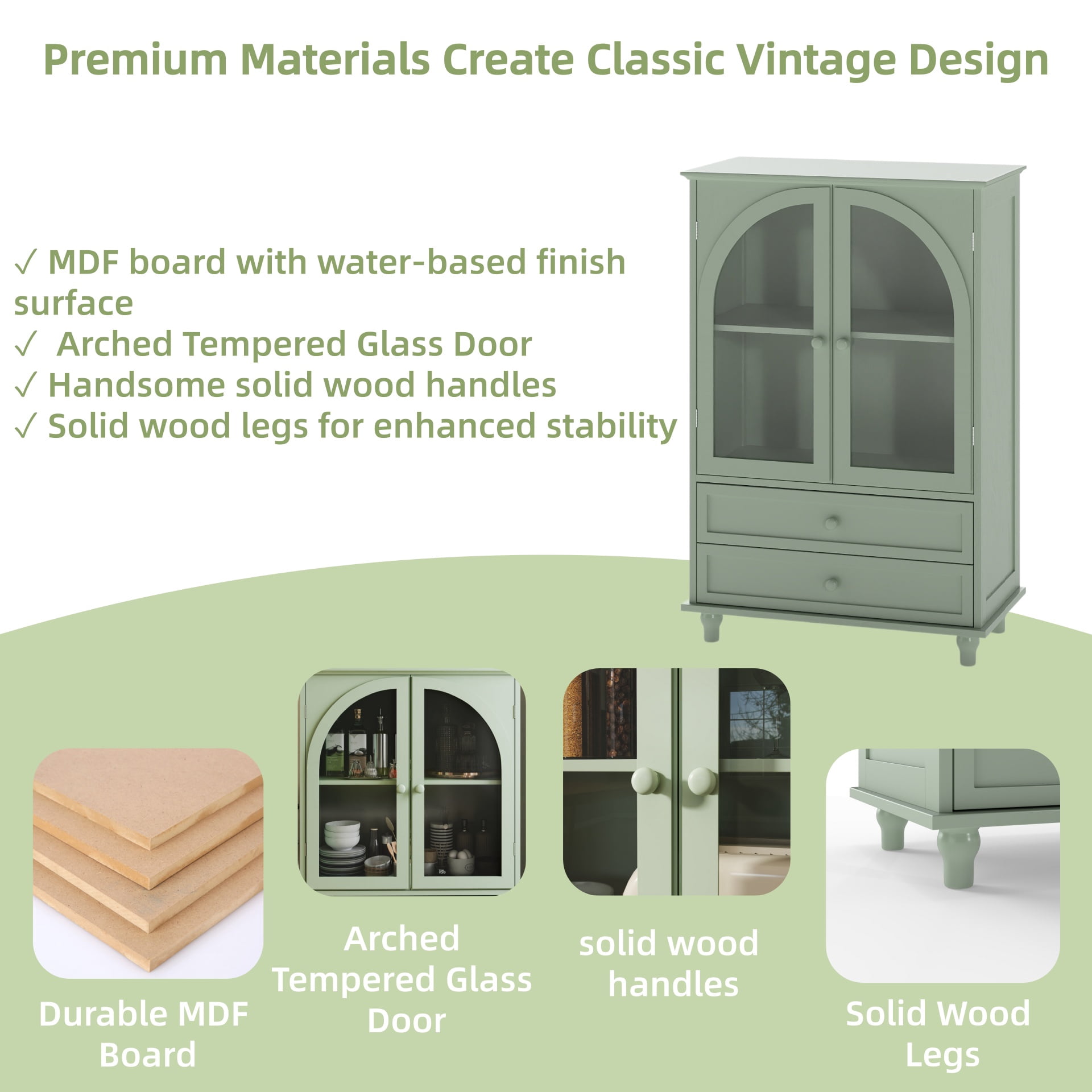 Aukfa Buffet Pantry Cabinet,Arched Glass Door Wood Sideboard Storage Cabinet for Dining Room Hallway Entryway,Green