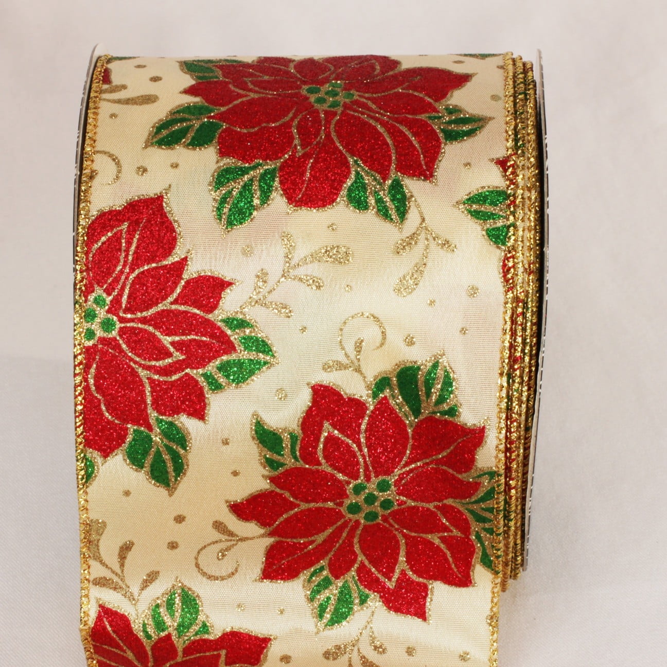 The Ribbon People Beige and Red Christmas Poinsettia Wired Craft Ribbon 4" x 20 Yards