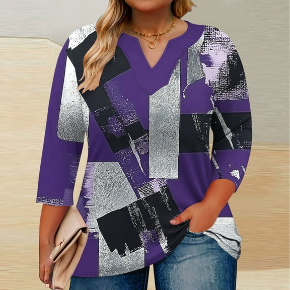 Tops for Women Plus Size Floral Print Plus V-neck 3/4 Sleeve Loose Blouse Top Purple XXL