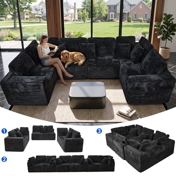 SEENYOO 135.5" Sectional Couch, Black U Shaped Sofa for Living Room, Boneless Cloud Couch with Chaise,6-Seater, Corduroy Fabric, Freely Configurable Layout
