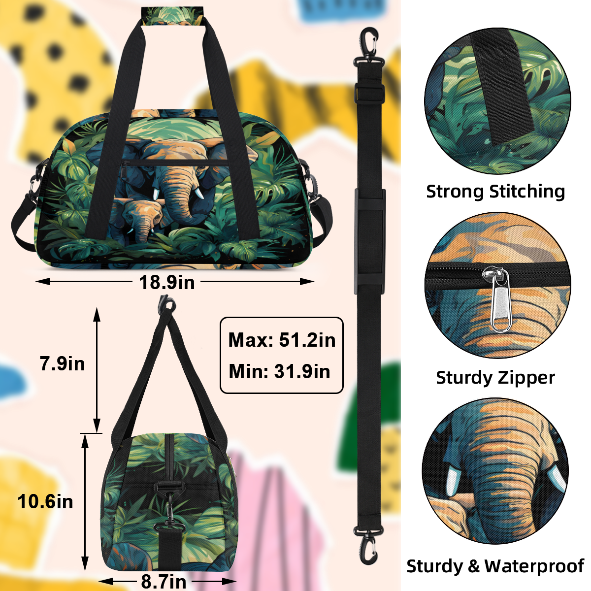 Herdesigns Sports Duffle Bags Travel Duffle Bag Gym Bag Jungle Elephant Weekender Travel Bag Waterproof Overnight Bag Carry On Travel Tote Bag Dance Bags