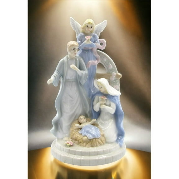 Ceramic Nativity Music Box with Guardian Angel 4.25x4.25x7.5 Silent Night