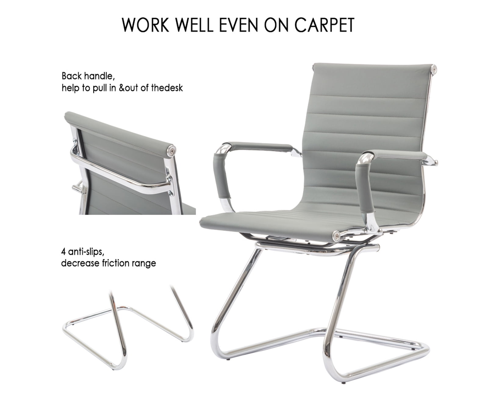 Guyou Modern Mid Back Office Guest Chair Set of 2, Faux Leather Reception Chair Computer Chair with Armrests and Metal Sled Base for Meeting/Waiting/Conference Room, No Wheels, Grey