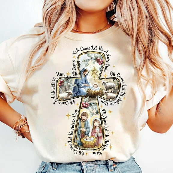 Jesus Christmas Cross Shirt, Christian Christmas Tee with Nativity Scene, Hand Drawn Shirt, Oh Come Let Us Adore Him Holiday T-Shirt