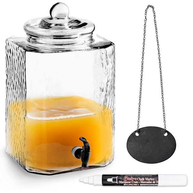 Apaca Glass Beverage Dispenser with Stand (5 Gallons) + White Broad Tip Chalk Marker – Includes Customizable Hanging Chalkboard Sign for Personalized Labels by Pixiss