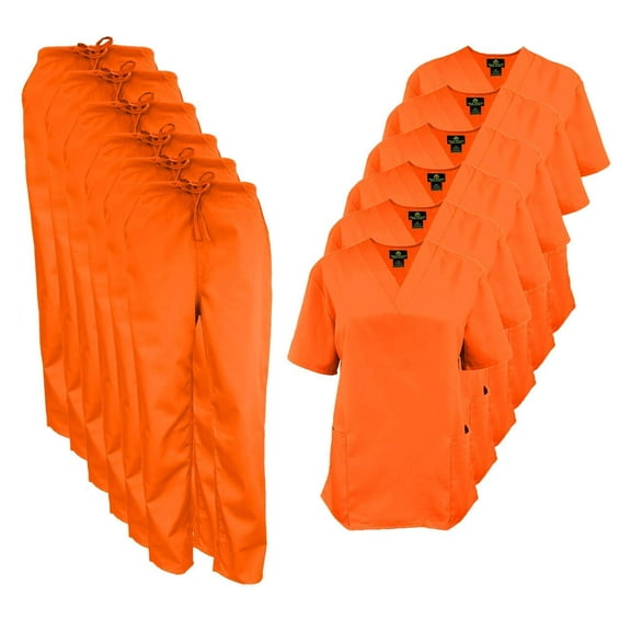 M&M SCRUBS Women Scrub Set V-Neck Medical Scrub Tops and Drawstring Pants - Pack of 6 Set (Orange, 4X-Large)