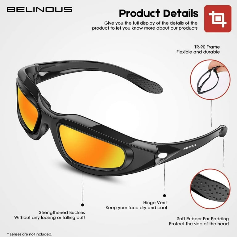 BELINOUS Polarized Motorcycle Riding Glasses Goggles for Men Foam Padding,  Windproof Anti-dust Sunglasses w/ 4 Interchangeable Lens Kit & Case, Protective  Eyewear for Driving Biking Day and Night 