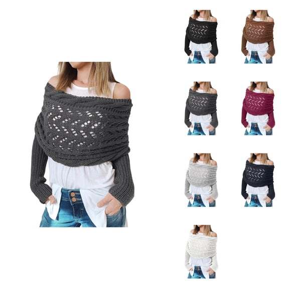 Women's Sweater Scarf with Sleeves – Knitted Cable Wrap Shawl Cape, Solid Color Wool Hollow Lengthening Double Sleeve Multi-Use Crochet Fashion Scarf for Autumn Winter Outdoor Casual Wear