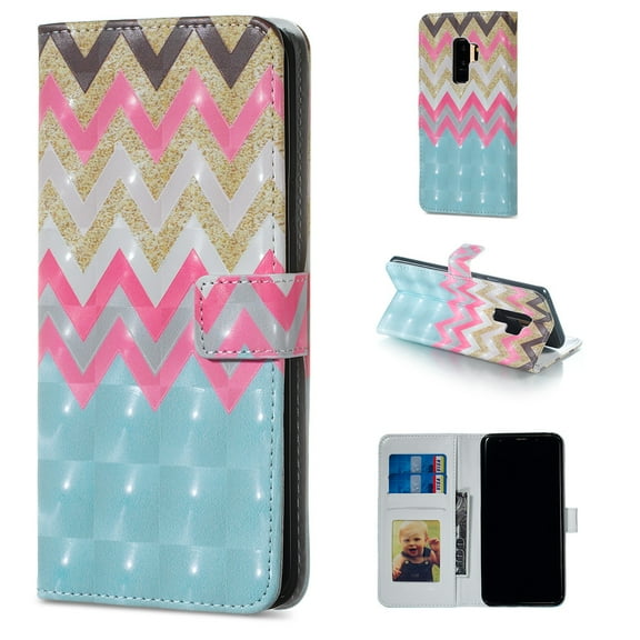 Galaxy S9 Case, Galaxy S9 2018 Case, Allytech 3D Emboss PU Leather Flip Protective Wallet Stand Cover & Credit Card Slots Pocket for Samsung Galaxy S9 (5.8") (Colorful Wave)
