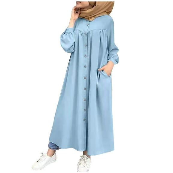 Fesfesfes Women's Winter Plus Size Casual Round Neck Loose Sexy Buttons Pocket Long Sleeve Printed Dress or