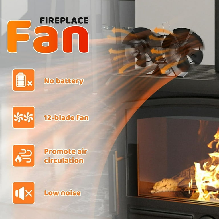 Wood Stove Fan Heat Powered ,12 Blade Fireplace Fan for Wood/Fireplace/Log  Burner/Heater, Non Electric, Ecofan Wood Stove, Circulating Warm Air Saving  Fuel (with Magnetic Thermometer), Dual Motors 
