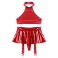 thumbnail image 3 of Conjunto de lencería de charol para mujer, traje Rave para discoteca, Top corto con espalda descubierta y cuello Halter con tangas integradas, minifalda con volantes, 3 of 5