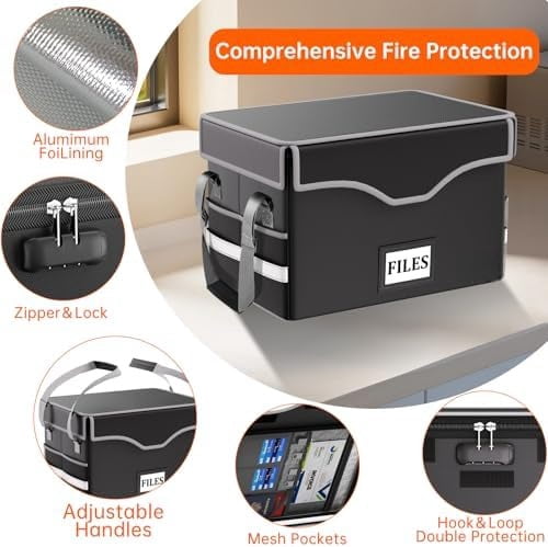 5200°F Fireproof Document Box with Lock,Heat Insulated File Organizer Storage with Pockets,Collapsible Portable Home Office File Safe Box with Handle for Hanging Letter/Legal Folders, Black