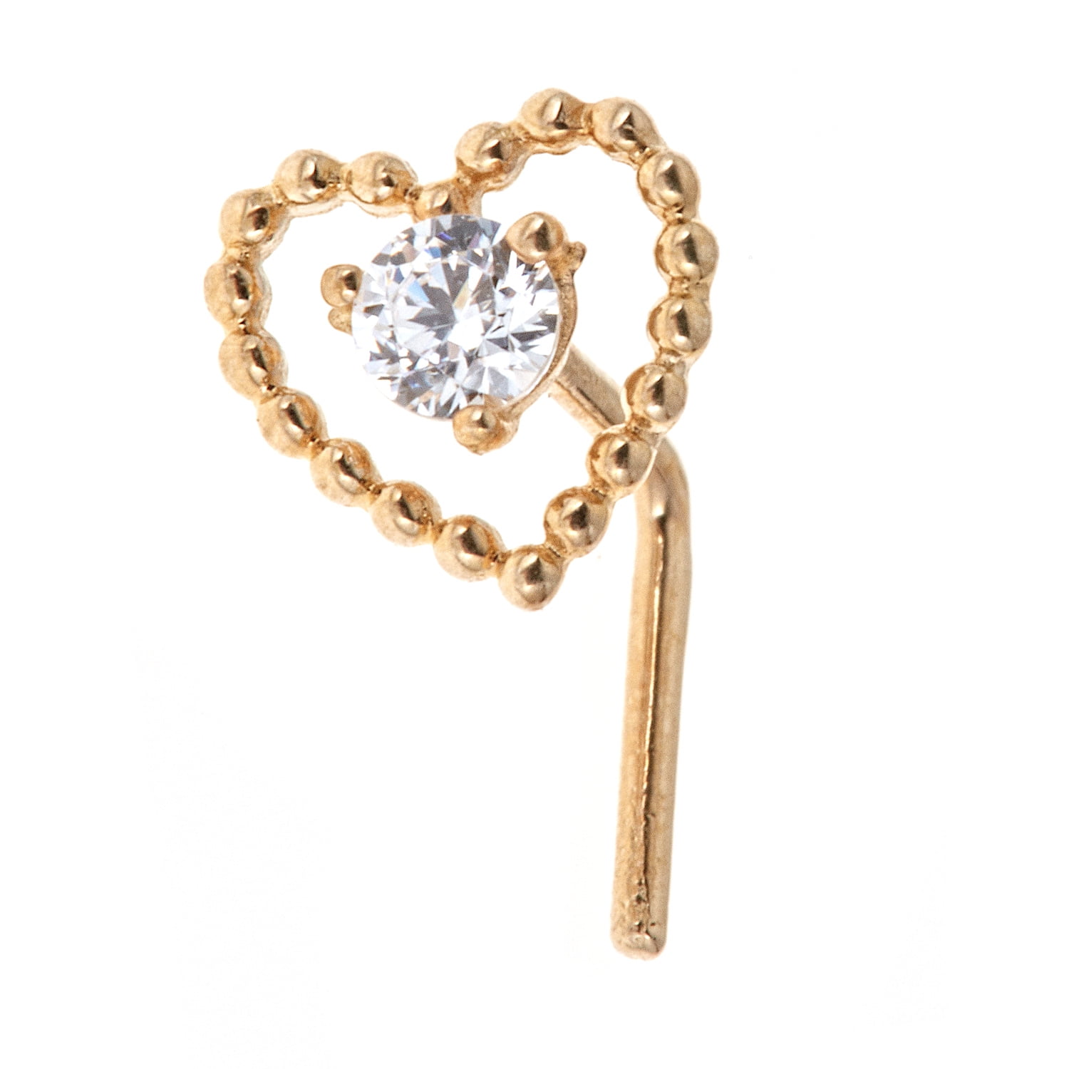 10kt Solid Yellow Gold Nose Ring In A Heart Design With Cz And LShape