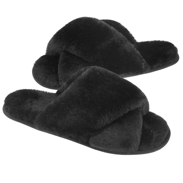 VONMAY Women's Slippers Plush Cross Band Open Toe Slides Fuzzy SPA