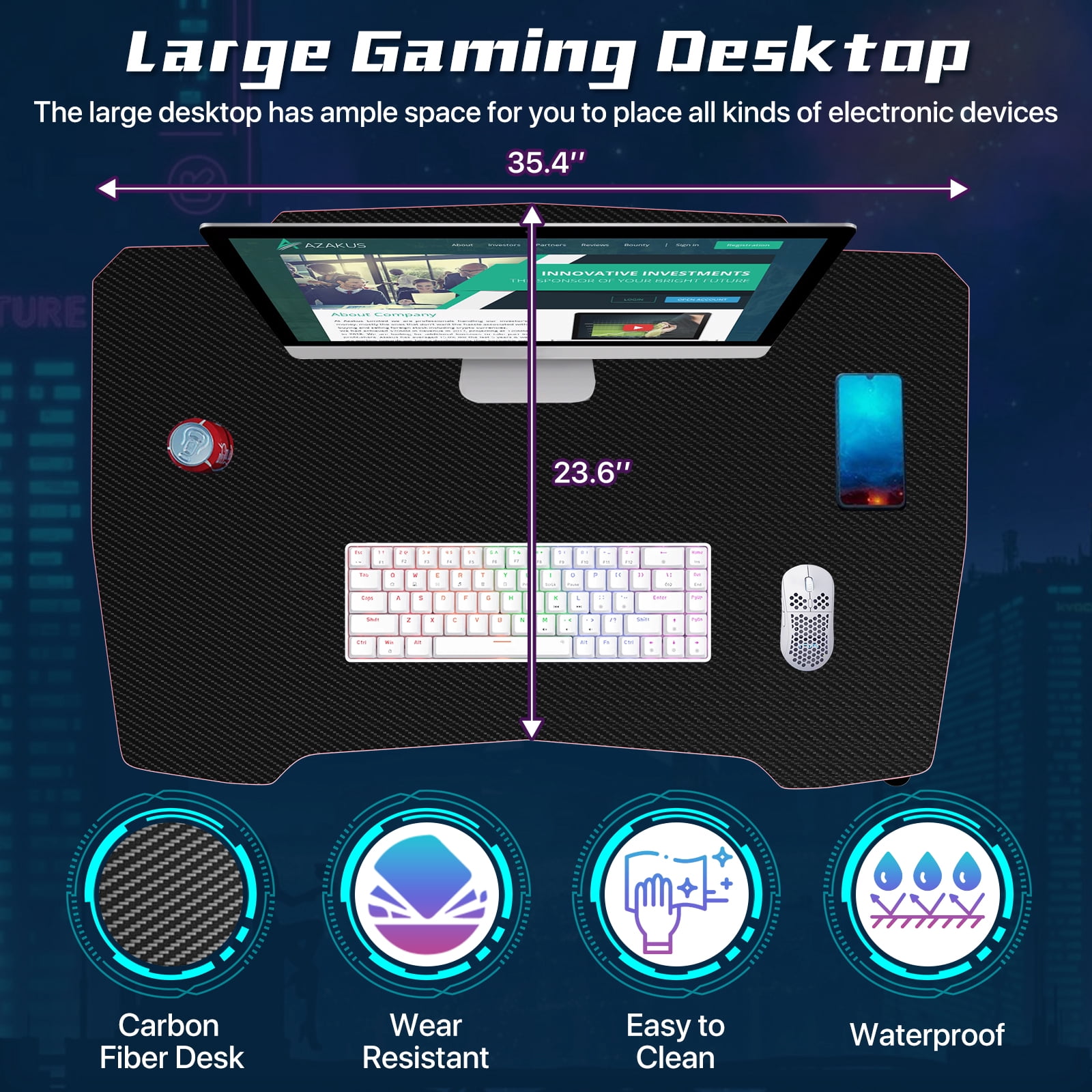 35"L Gaming Desk Z-Shaped Carbon Fiber Surface PC Gamer Table with  Headphone Hook, Computer Desk Gamer Desk Office Desk for Adults&Teen （Red）