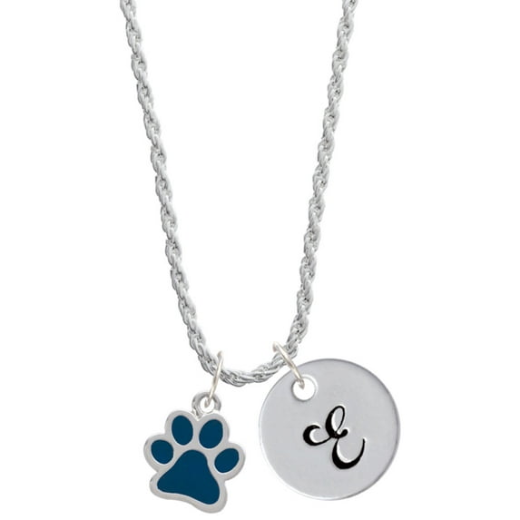 Delight Jewelry Silvertone Medium Translucent Navy Paw Silvertone Script Initial Disc - E - Charm Necklace, 20"+3"