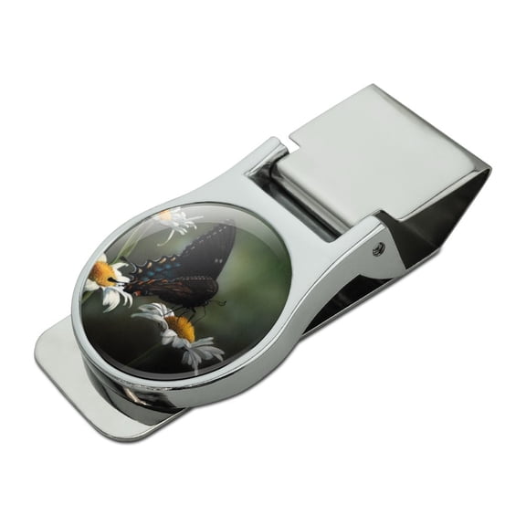 Black Swallowtail Butterfly and Daisies Satin Chrome Plated Metal Money Clip