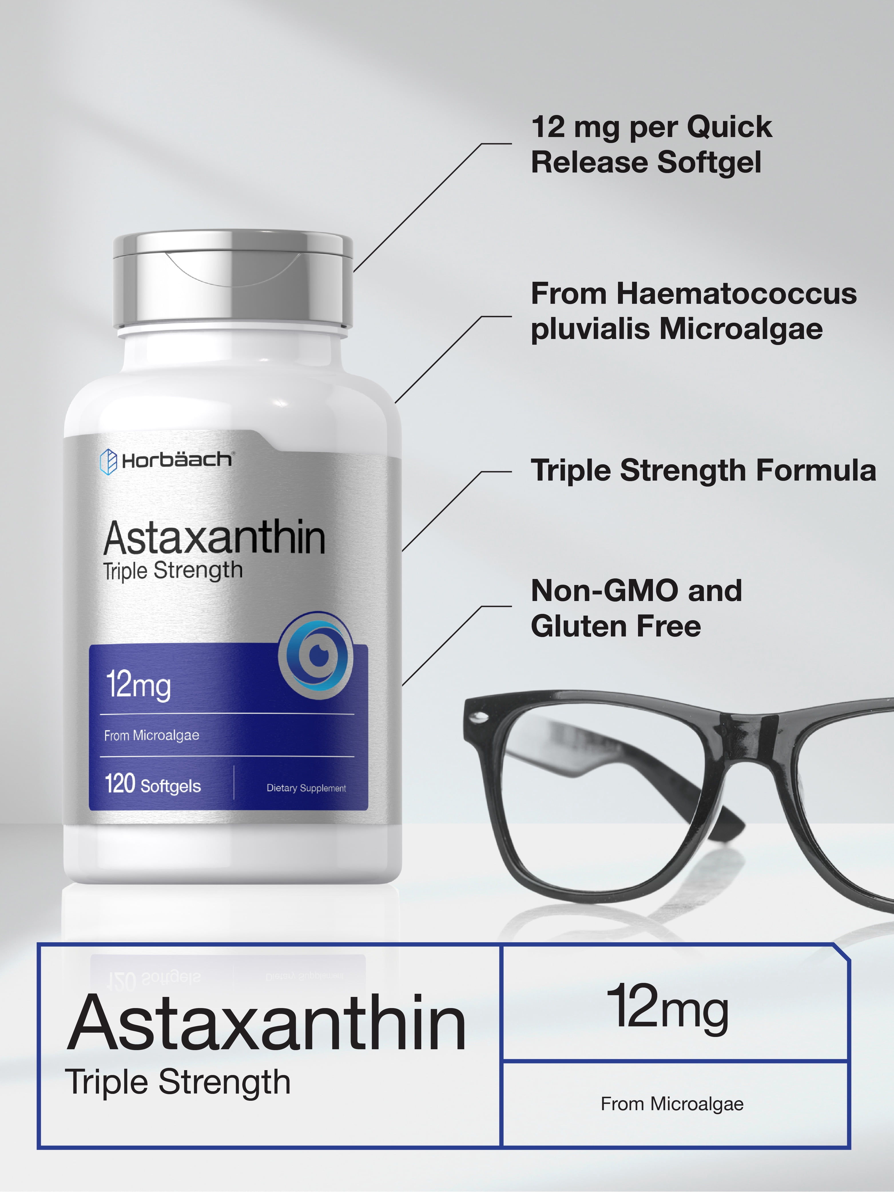 Triple Strength Astaxanthin 12mg Softgels | 120 Count | by Horbaach
