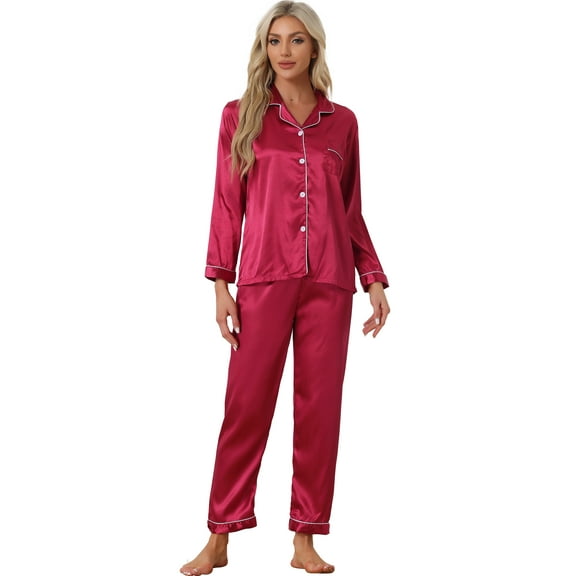 DARING DIVA Women's Long Sleeves Button Down Satin Pajama Sets L Red
