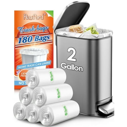 2 Gallon 180 Counts Small Trash Bags Garbage Bags by RayPard, fit 6-7.5 Liter Waste Basket, 1.8-2 Gal Strong Trash Can Liners for Home Office Kitchen Bathroom Bedroom, Clear