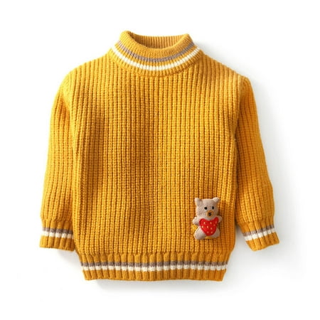 Bnwani Sweaters for Girls Winter Fashion Knitted Cotton Crew Neck Long Sleeve Warm Casual Solid Bear Sweater Yellow