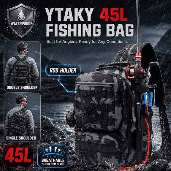 YTAKY Fishing Bag, 45L Fishing Backpack with Rod Holder, Waterproof Breathable Shoulder Sling, Fishing Tackle Gear Storage Bag, Black