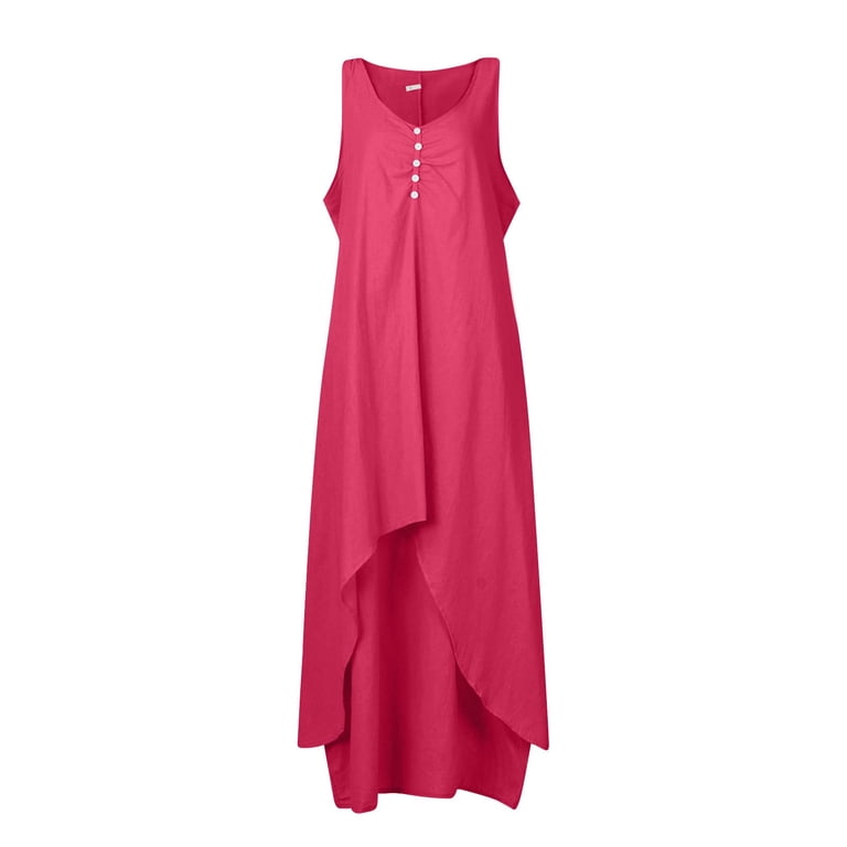 Breaise Women Cotton Linen Dresses Summer Sleeveless Scooop Neck Button Up  Sundresses Plus Size Solid Double Swing Tank Dresses Tiered Flowy Long Maxi  Dress with Pockets Watermelon Red XXXXL - Walmart.com
