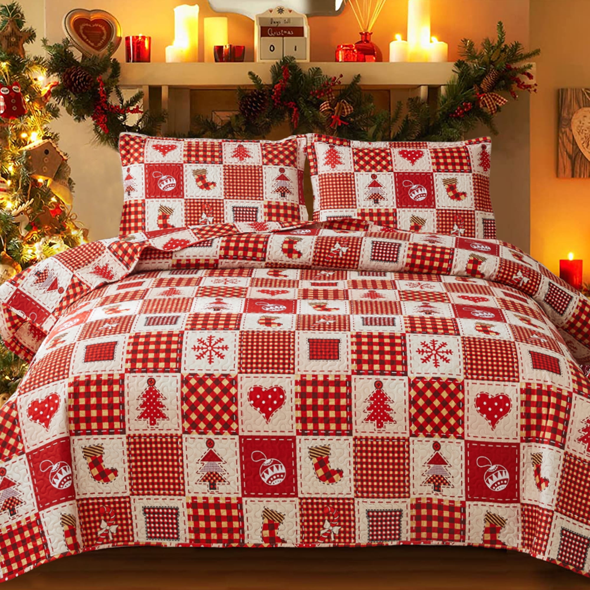 Smuge Christmas Quilt Sets King Size Holiday Reindeer Bedding Sets