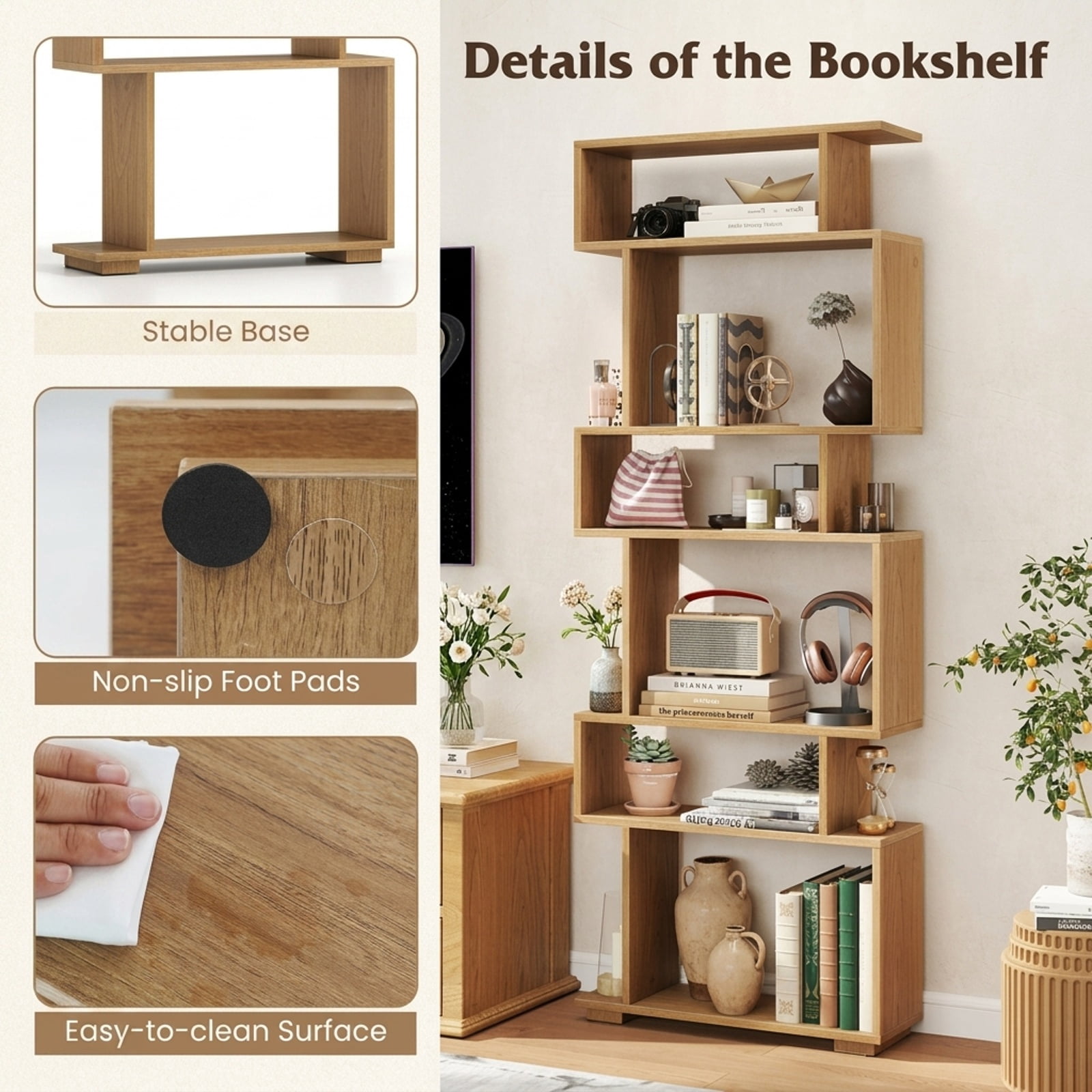 Furnibear 6-Tier Geometric Bookshelf with 2 Anti-Tipping Kits for Home Office for Living Room Home Office Bedroom Display Storage Shelf, Natural