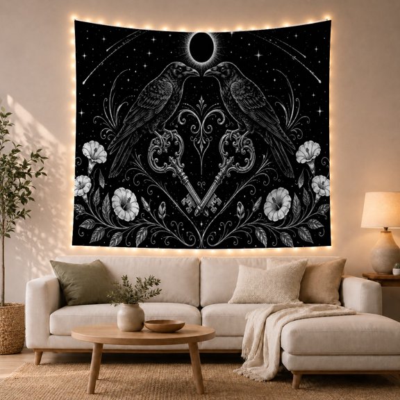 Floral Garden Monochromatic with Detailed Ravens Face Each, Spooky Gothic for Gothic Decor Fans, Dark Art Decor, Halloween Gift, Tapestry Wall Hanging for Bedroom and Dorm