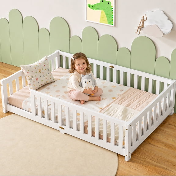 Sesslife Twin Montessori Floor Bed, Wood Twin Size Floor Bed Frame with Safety Guardrails and Slats, Low Profile Toddler Bed for Kids Boys and Girls, No Box Spring Needed, White