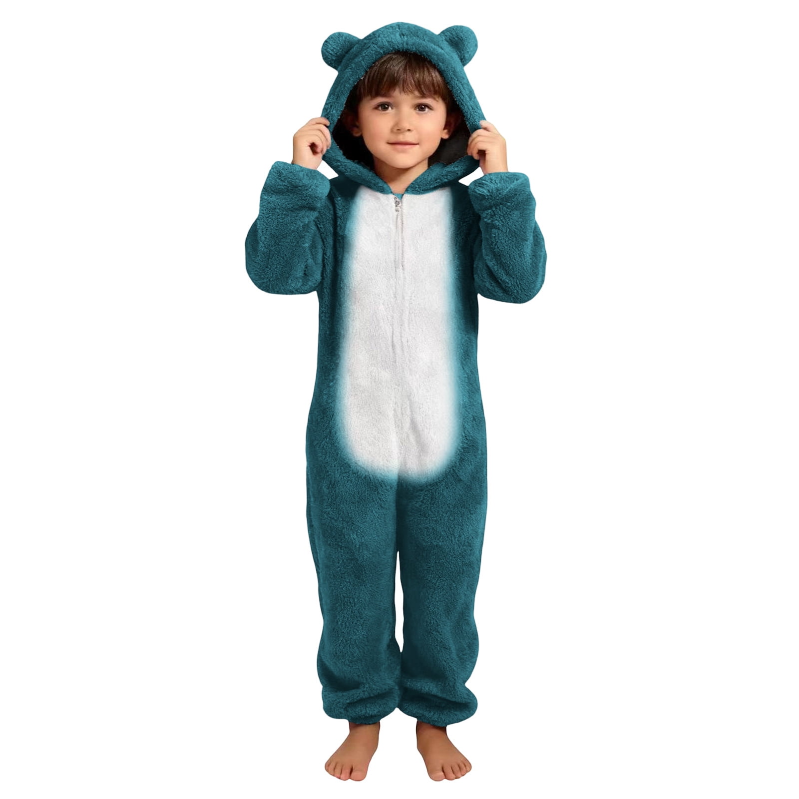UQJfacai Girls Fleece Onesie Jumpsuit Kids Color Block Warm Sherpa Romper One Piece Zipper Cat Ear Hooded Cute Loungewear 4-14 Years