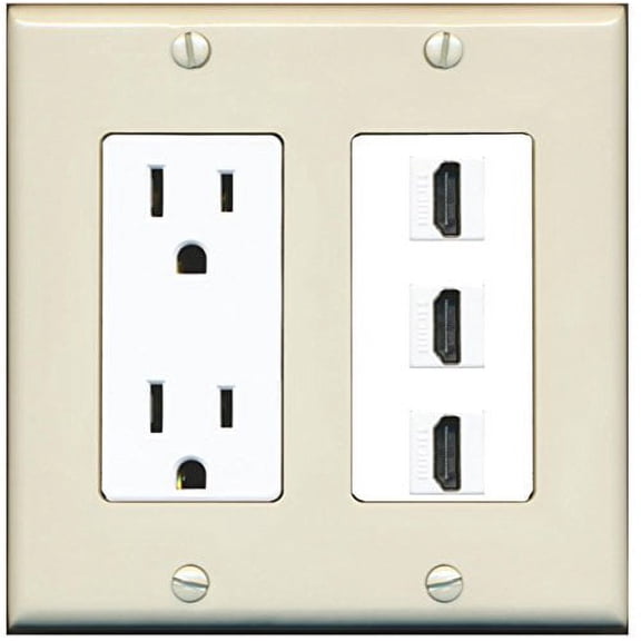 RiteAV - 15 Amp Power Outlet 3 Port HDMI Decorative Wall Plate - Light Almond/White