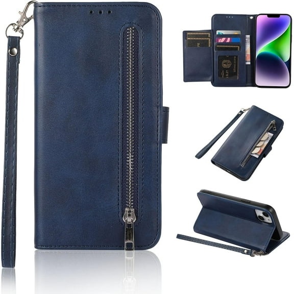 Wallet Case Compatible with iPhone 14 Plus, 5 Card Slots Magnetic Closure Zipper Pocket Cash Handbag PU Leather Flip Protective Phone Case with Wrist Strap TPU Kickstand Cover - Blue
