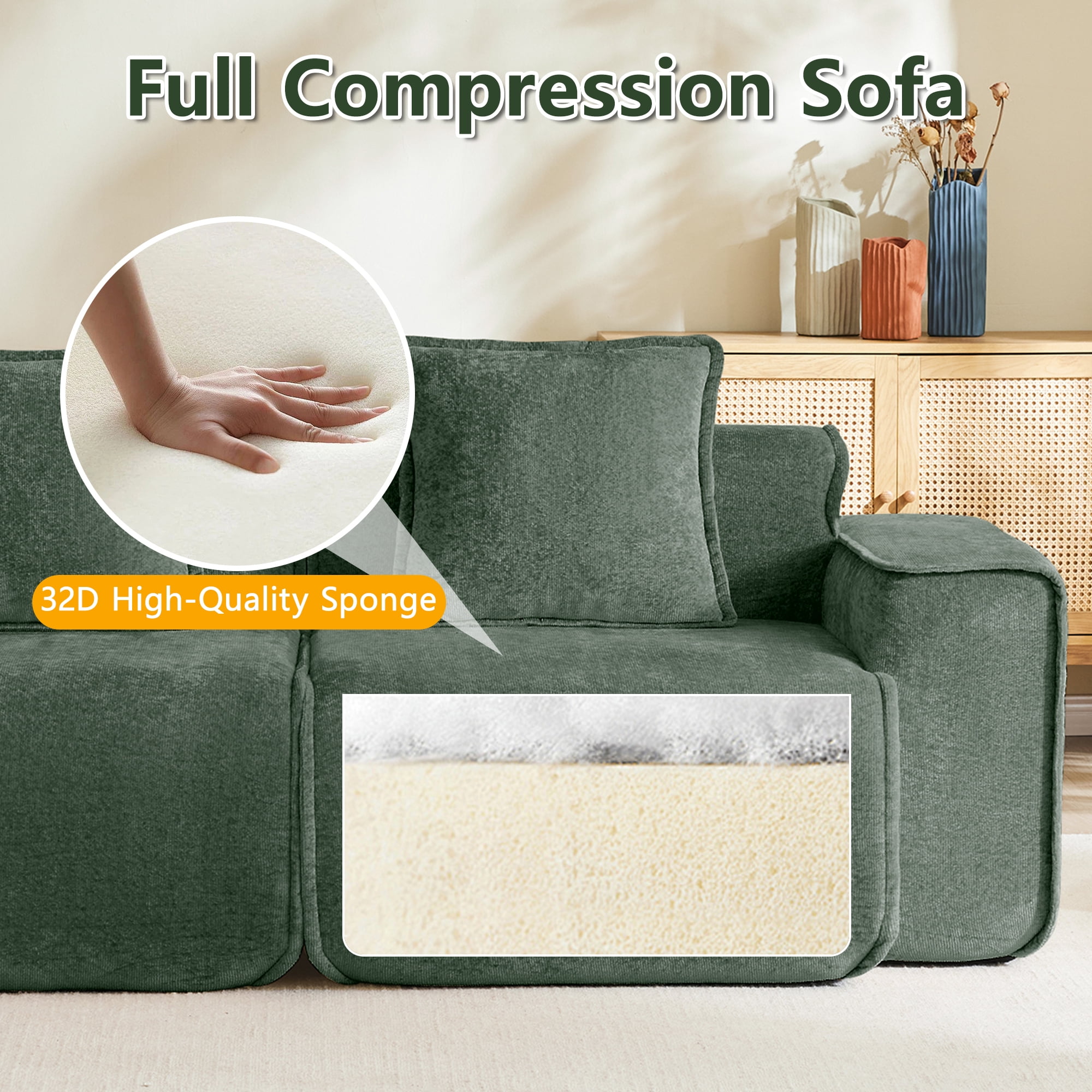 Aukfa 109" Oversized Boneless Couch Deep Seat 3 Seat Cloud Sofa for Living Room Bedroom, 3 Pillows, Velvet, Green