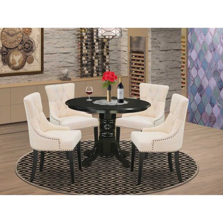 SHFR5-BLK-02 5Pc Dining Set Includes a Round Dining Room Table and Four Parson Chairs with Light Beige Fabric Black Finish