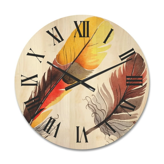 Designart 'Colourful Boho Art Feathers IV' Bohemian & Eclectic Wood Wall Clock