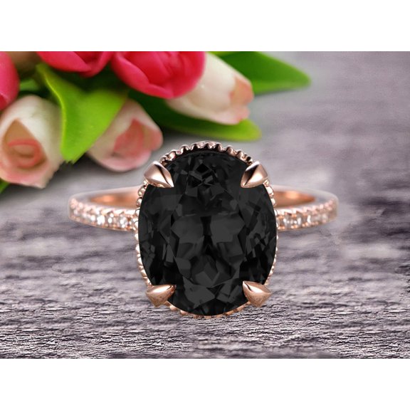 1.75 Carat 8x6mm Oval Cut Black Diamond Moissanite Engagement Ring Wedding Ring Anniversary Gift On 10k Rose Gold Filigree Retro Vintage Floral Set