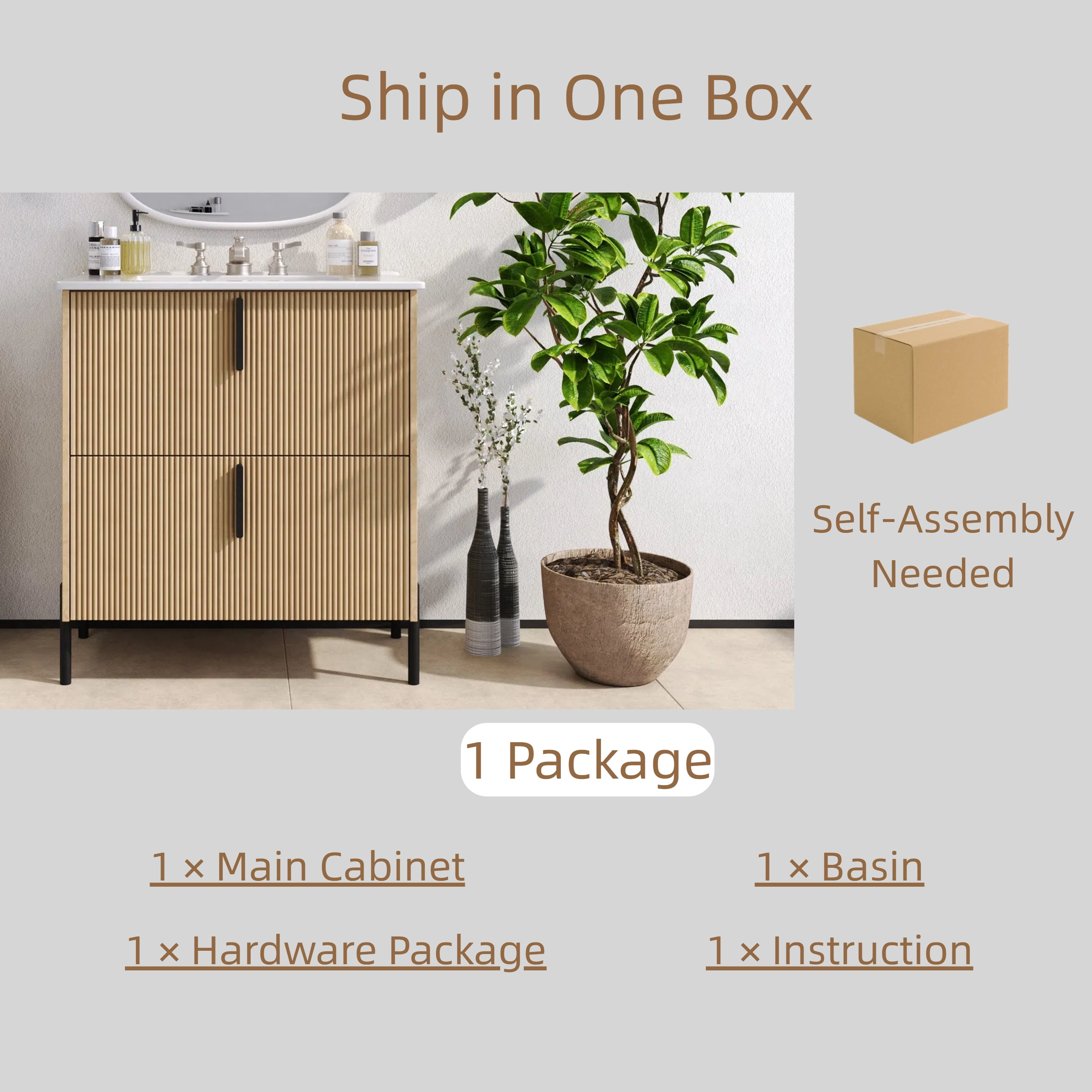 30" Bathroom Vanity with Ceramic Sink and Full-Extension Drawers, Soft Close Undermount Drawer Slides, Fluted Design, Natural
