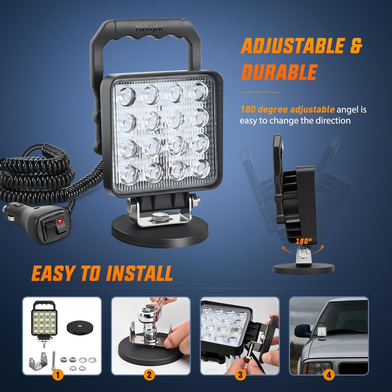 Nilight LED Light Bar 4Inch 48W Square Portable Flood Pod Cigarette Lighter Powered with Wiring Magnetic Base 16LEDs Fog Driving Work Roof Bumper Lights for Truck Tractor Golf Cart UTV