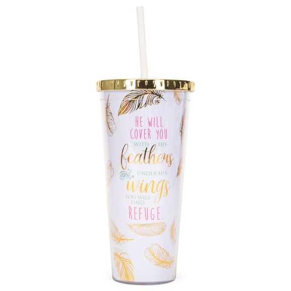 He Will Cover You Under His Wings Find Refuge Feathers Gold Lid 24 oz. Double-Walled Straw Tumbler