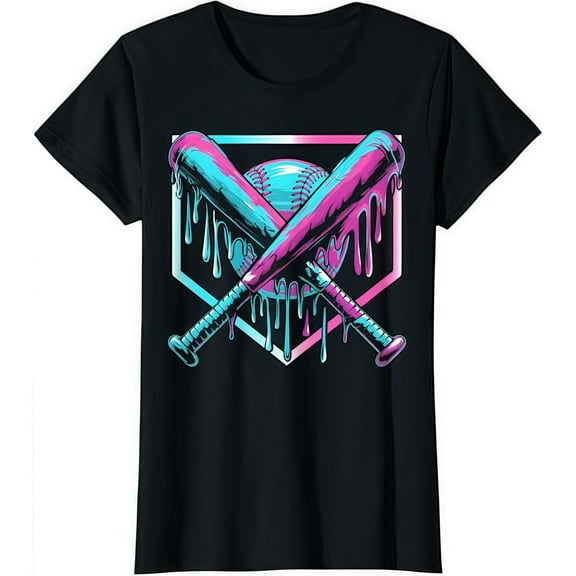Baseball Fan Tee Black S-5XL Neon Drip Bats Graphic Short Sleeve Cotton T-Shirt Top Sports Art