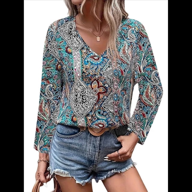 Blusas Casuales de Larga con Cuello en V y Estampado Bohemio para Mujer 1-Colores Mezclados XXL