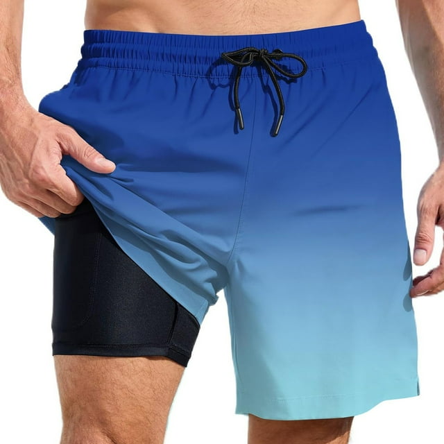 Ediodpoh Men Swim Shorts Summer Fashion Gradient Color Double Layer Swim Trunks with Pockets Swim Trunks for Men Blue_001 S