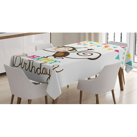 

Birthday Decorations for Kids Tablecloth Brown Monkey Posing at a Party with Two Line Flags Cone Image Rectangular Table Cover for Dining Room Kitchen 60 X 90 Inches Multicolor by Ambesonne