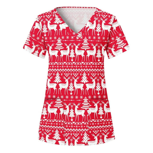 LSLJS Blouses de Noël pour Femmes Grande Taille Imprimées Col en V, Blouses de Travail, Blouses de Noël